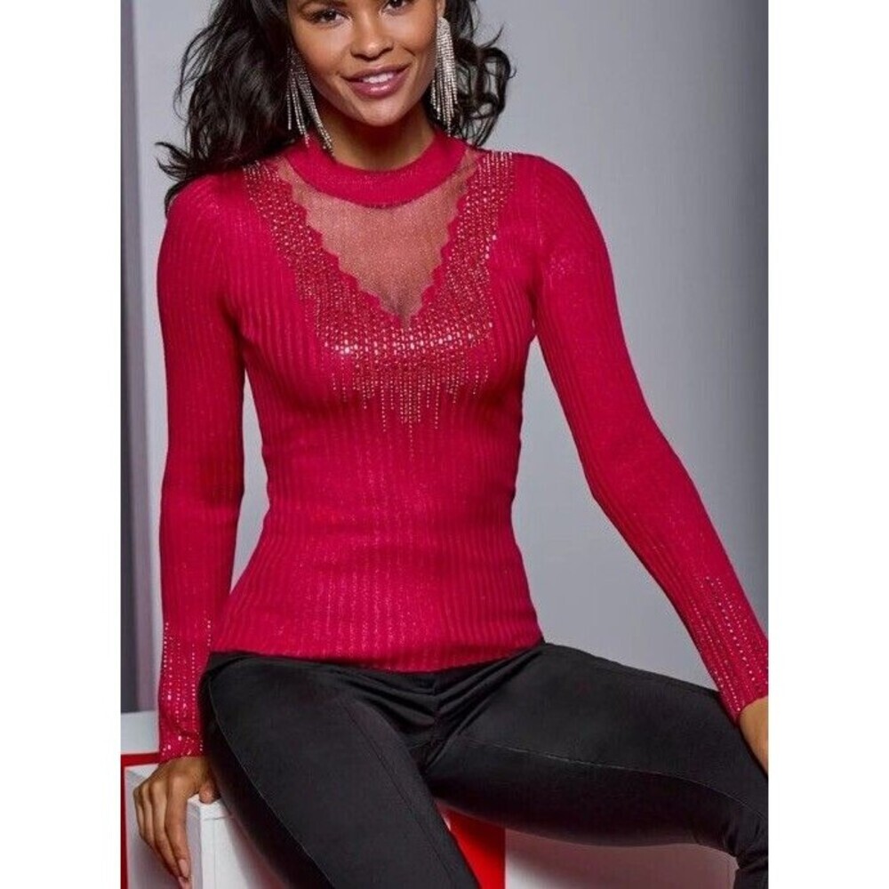 Boston Proper Rhinestone Embellished Mesh Illusion Sweater Women’s, Small, Red